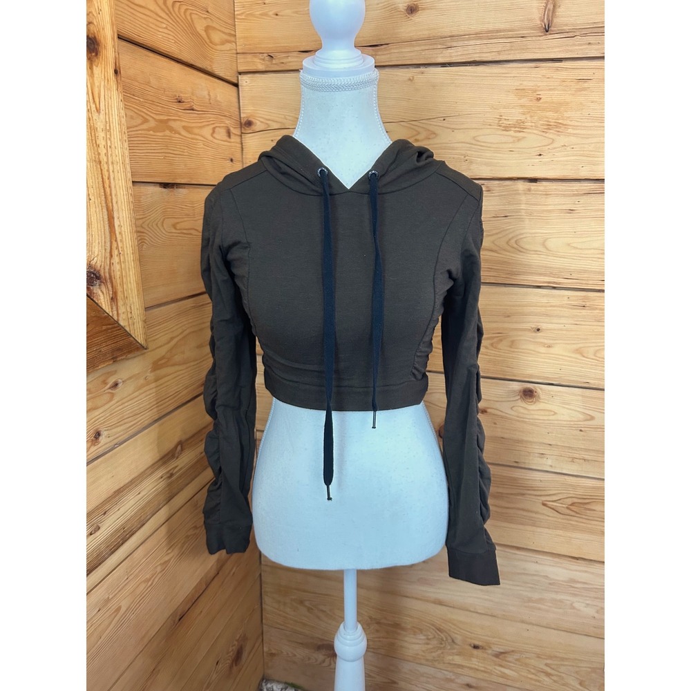 Olive Brown Ruched Sleeve Cropped Hoodie Sweatshirt Athletic Fit